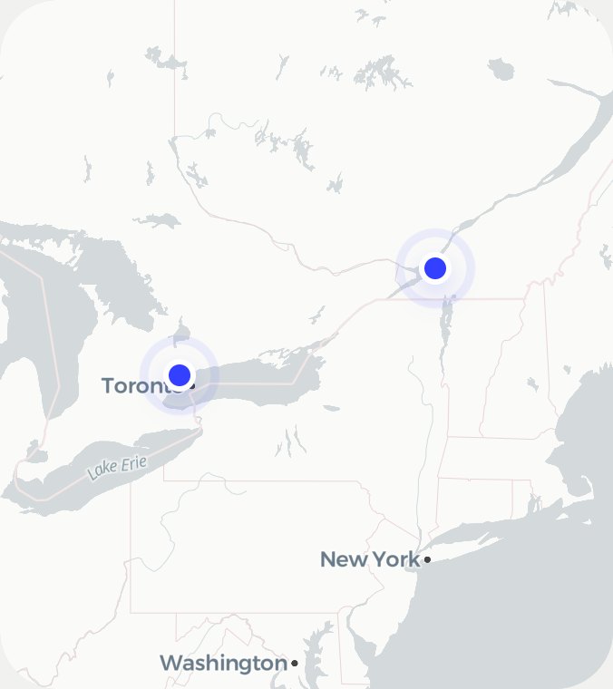 Map showing the BuildSites service area in Toronto and the office in Montréal