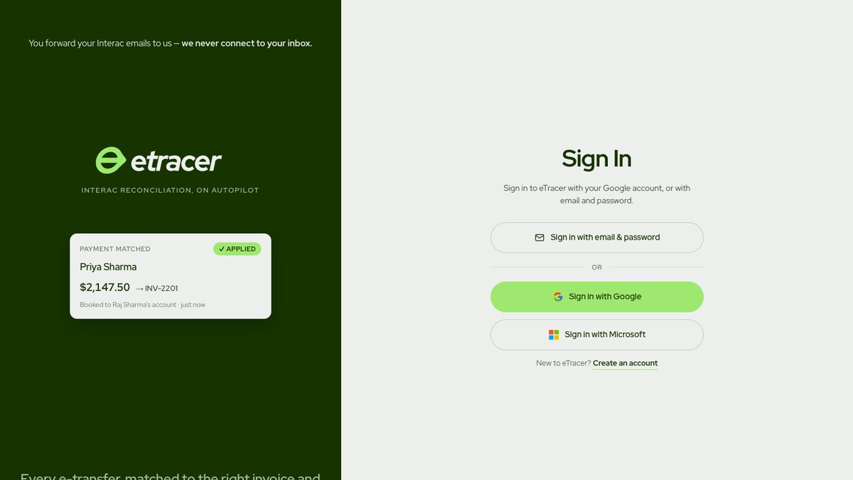eTracer sign-in page